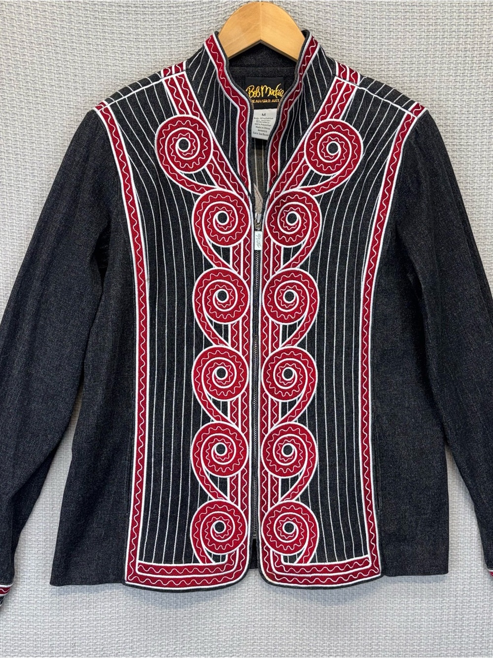 Bob Mackie Wearable Art Jacket Black Stand Collar Embroidered Zip Stretch Med